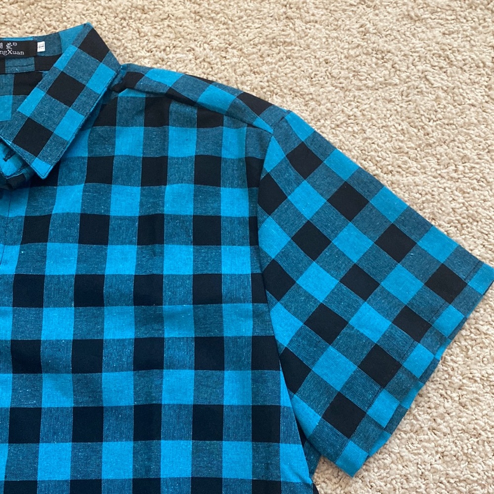 Men’s Blue & Black Plaid Button Down Shirt - says 3XL but fits like a XXL